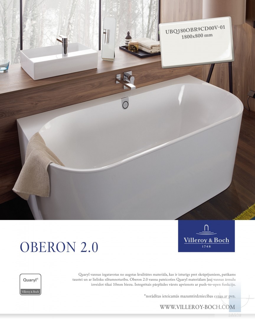 Oberon 2.0 Duo vanna 180x80 cm, stāvoša pie sienas balta Quaryl® 1